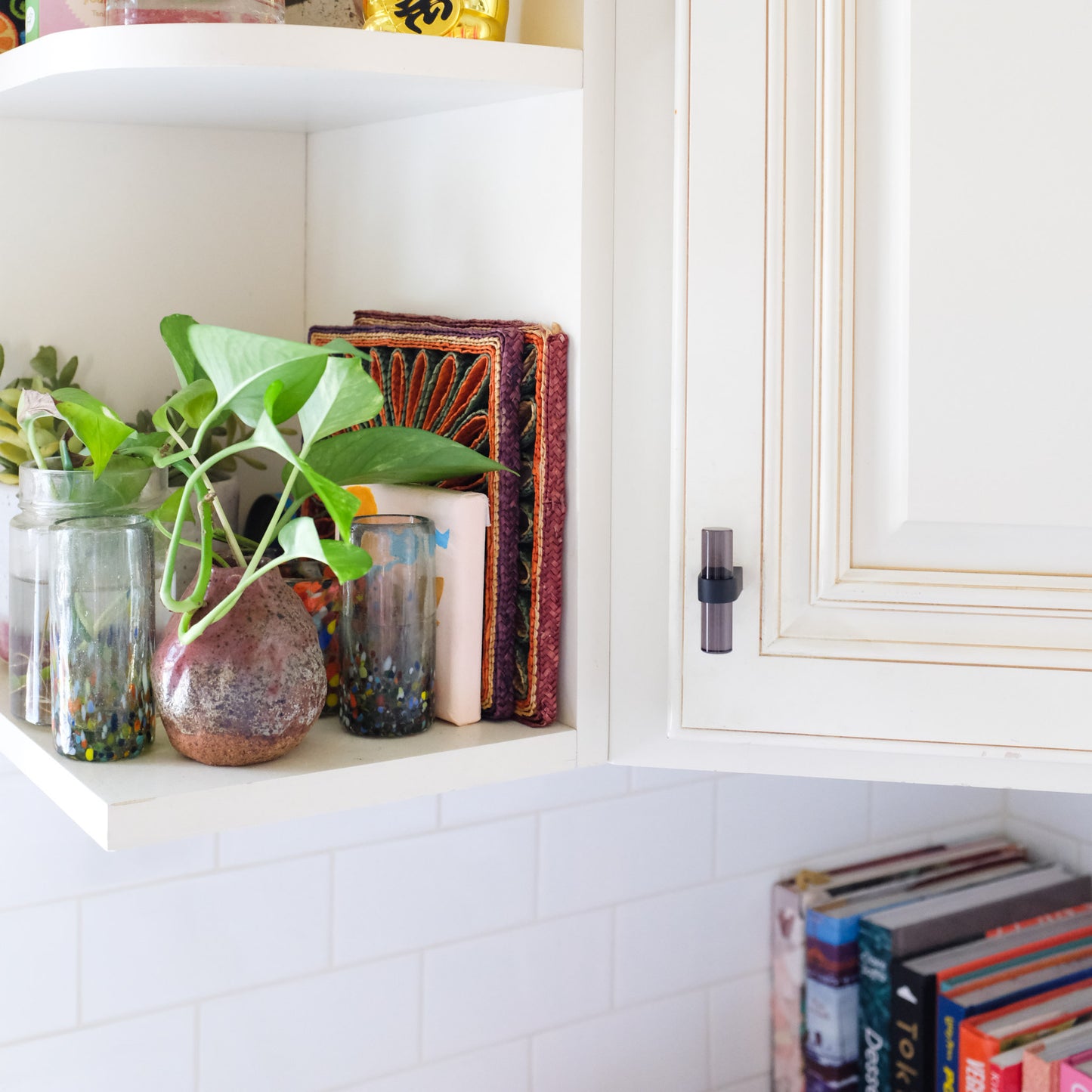 Black Acrylic Knob on White Shake Cabinets with cookbooks and plant and classes