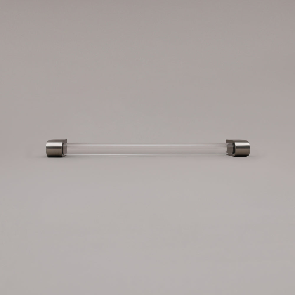 Clarity clear acrylic and satin nickel stems 12 inch appliance pull laying on gray background