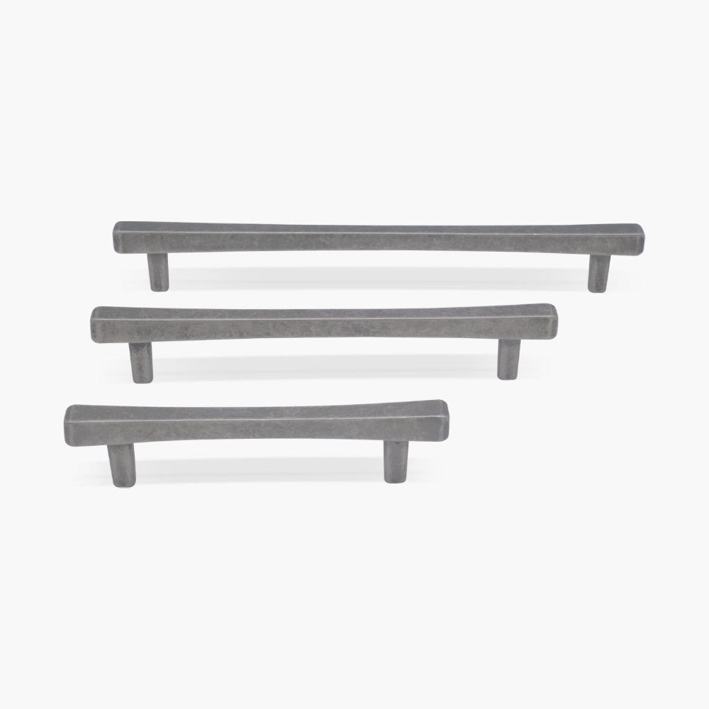 weathered nickel cabinet pulls in three sizes on white background