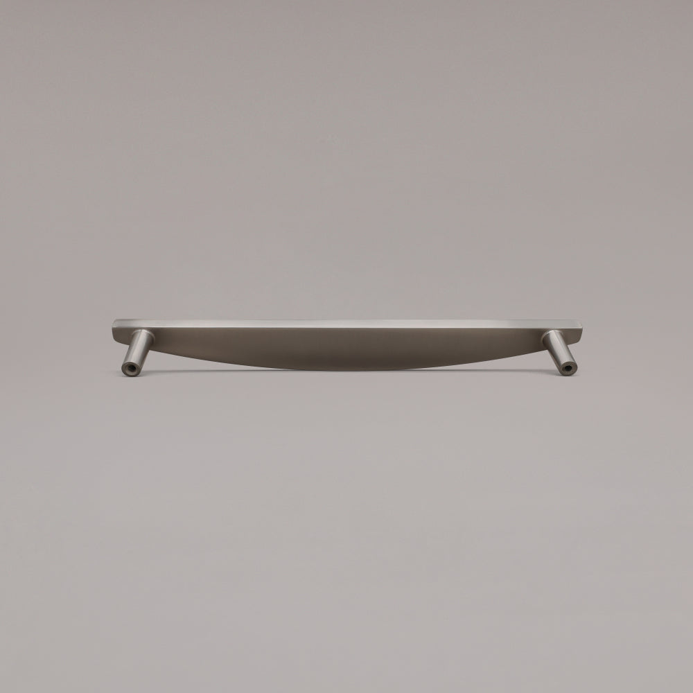 Rear view of 12" Half Moon appliance pull in Satin Nickel on gray background