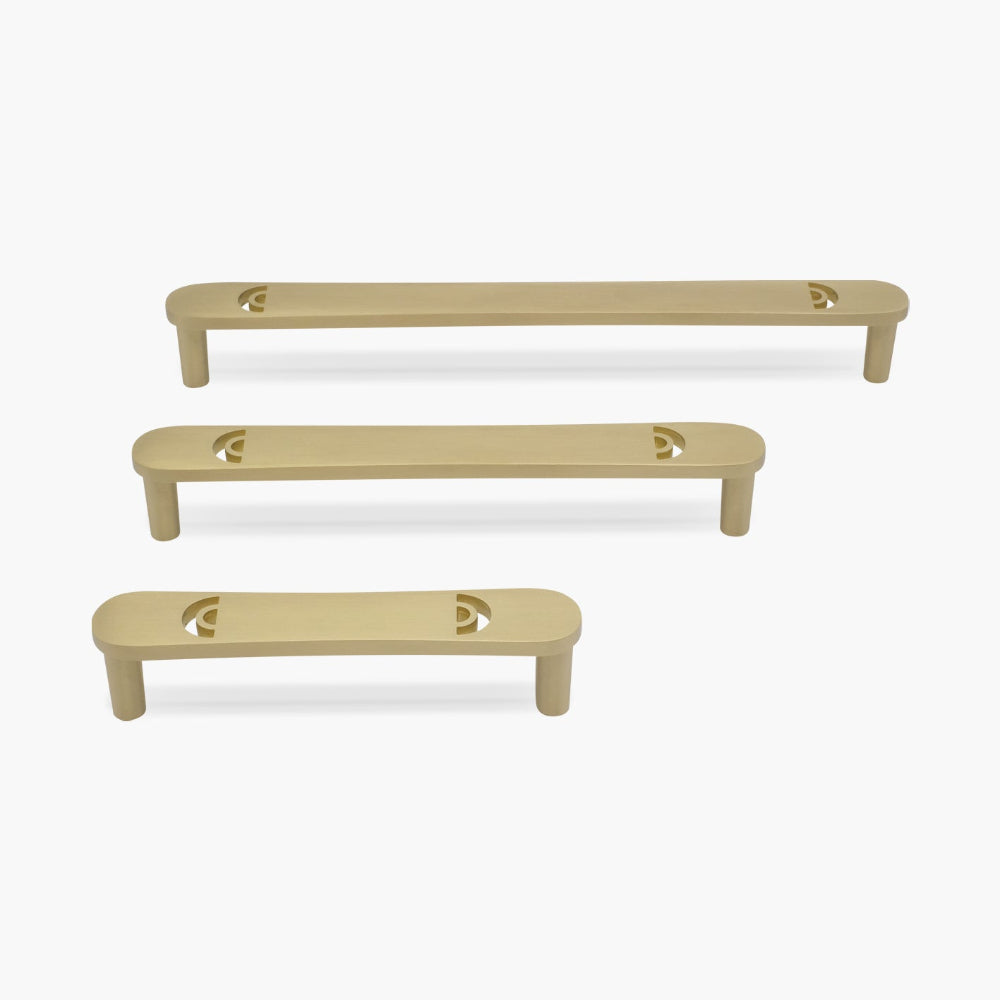horizon satin brass cabinet pulls in three sizes on white background