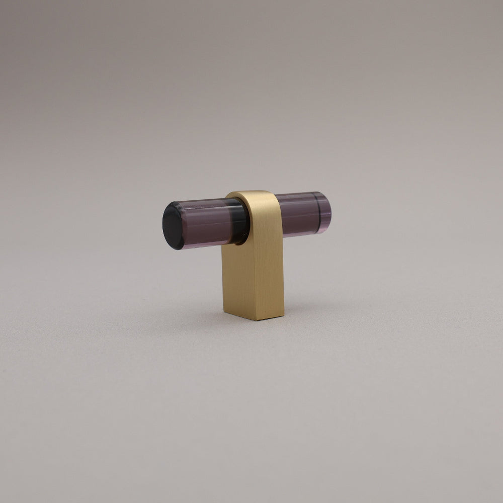 Standing smoke acrylic and satin brass stem knob on gray background