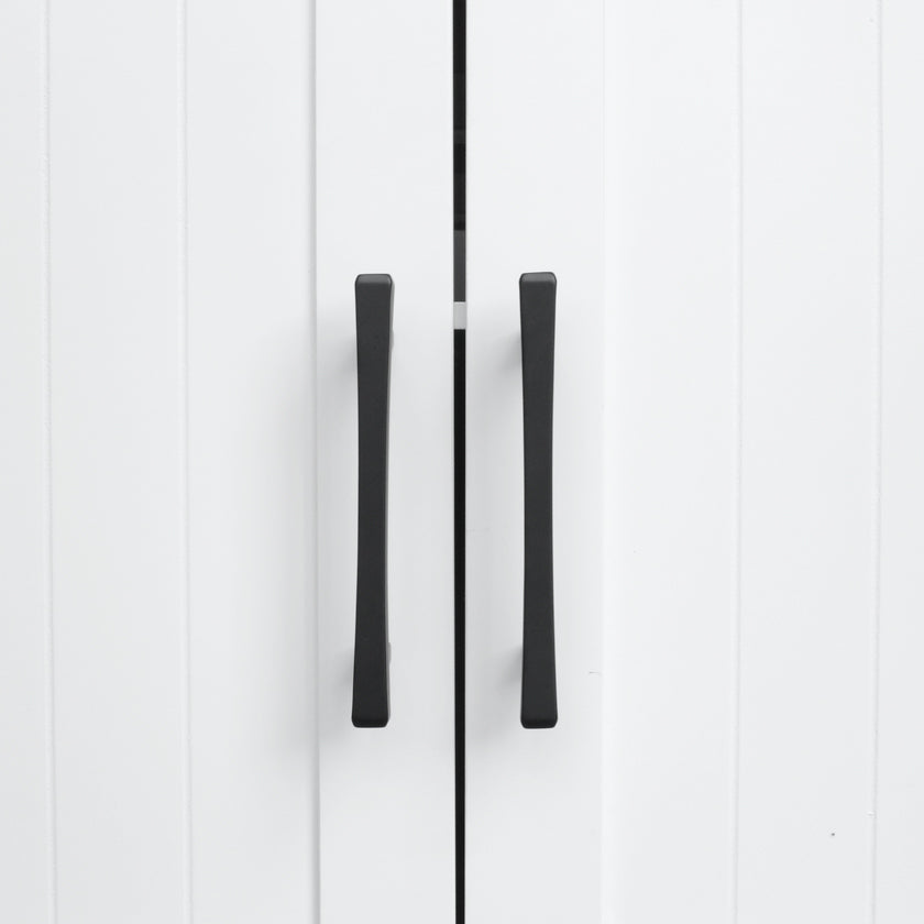 Two Diamond 4" center to center cabinet pulls in Matte Black installed on white cabinet doors