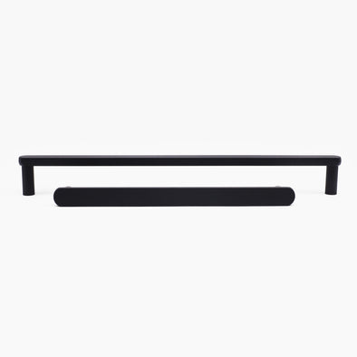 Two Matte Black Hapny Ribbed appliance pulls, a 12” center to center and a 18” center to center