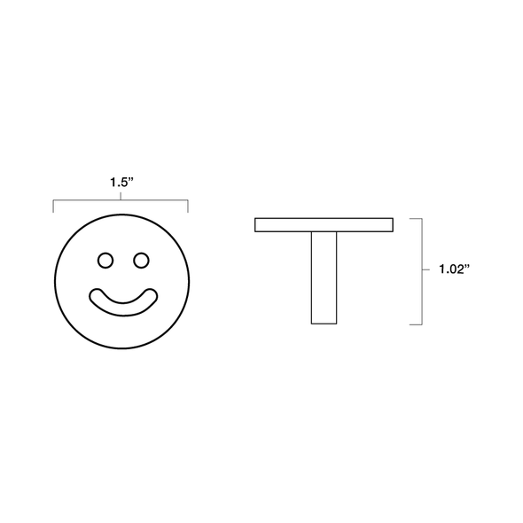 Tech specs with dimensions for Hapny Smiley Knob in all finishes