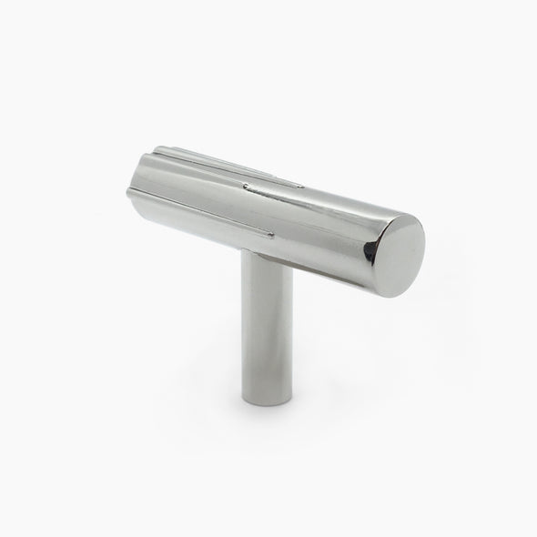 Angled, standing view of Hapny Sunburst t-knob in a Polished Nickel finish