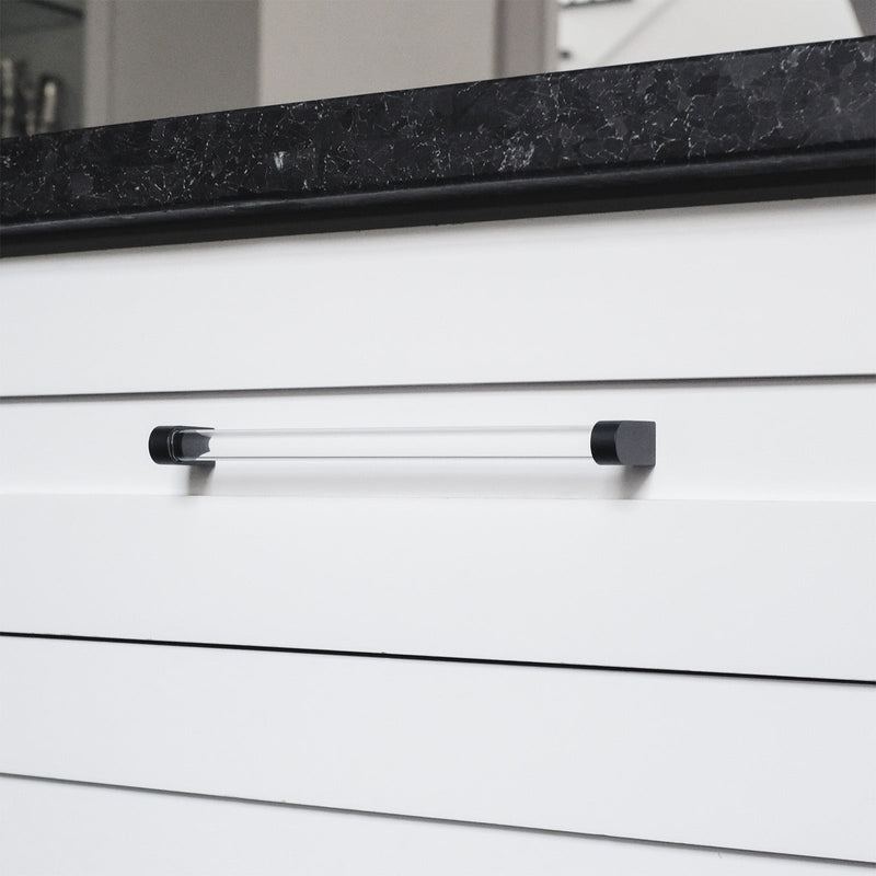 Modern Acrylic Cabinet Pull in eight inch size on white kitchen drawer in contemporary kitchen