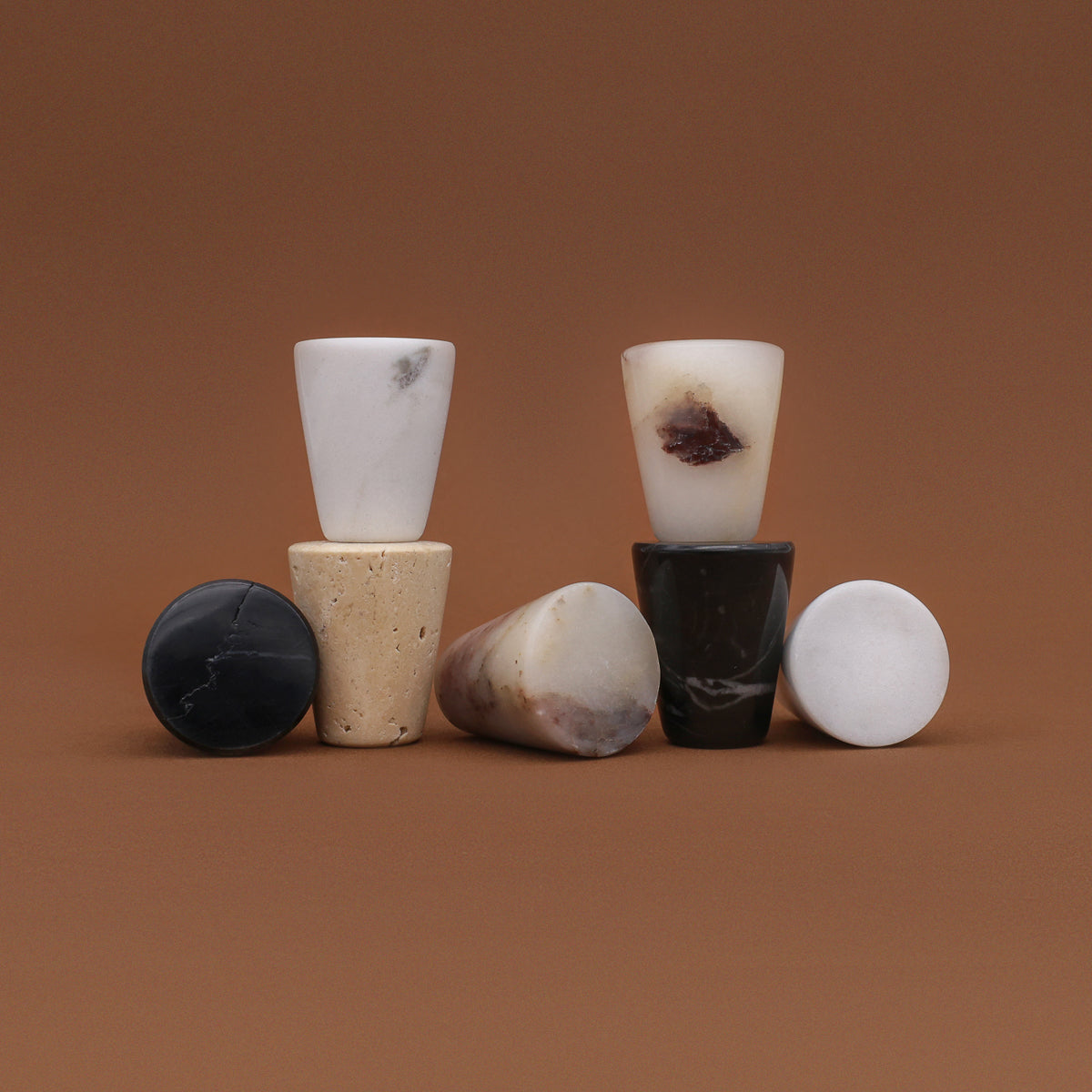 Small Round Cabinet Knobs Made of Black Marble and White Marble and Travertine and Viola Marble.