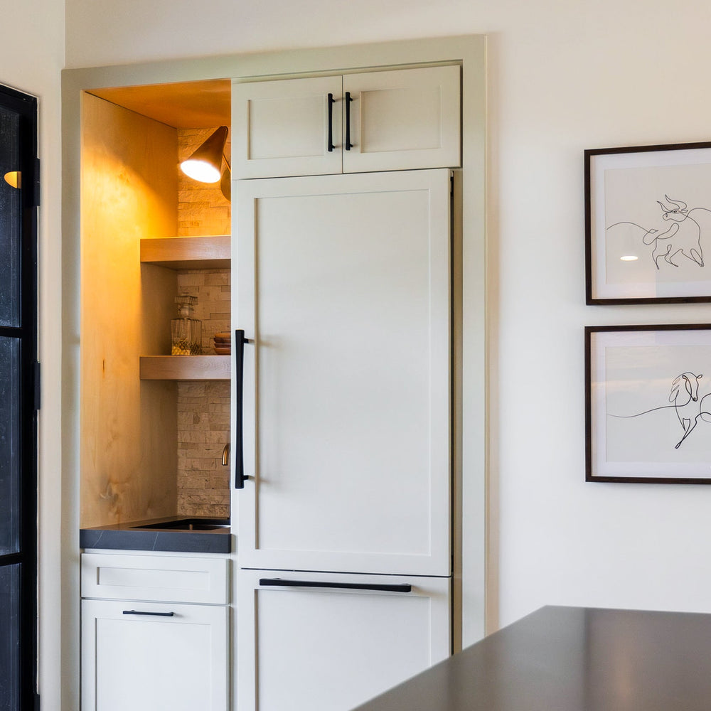 Matte Black Diamond Appliance Pulls on Fridge in White Kitchen