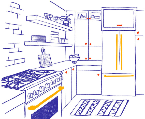 Illustration of a blue kitchen with yellow Hapny appliance pulls on freezer, stove, and fridge and red knobs on cabinets.