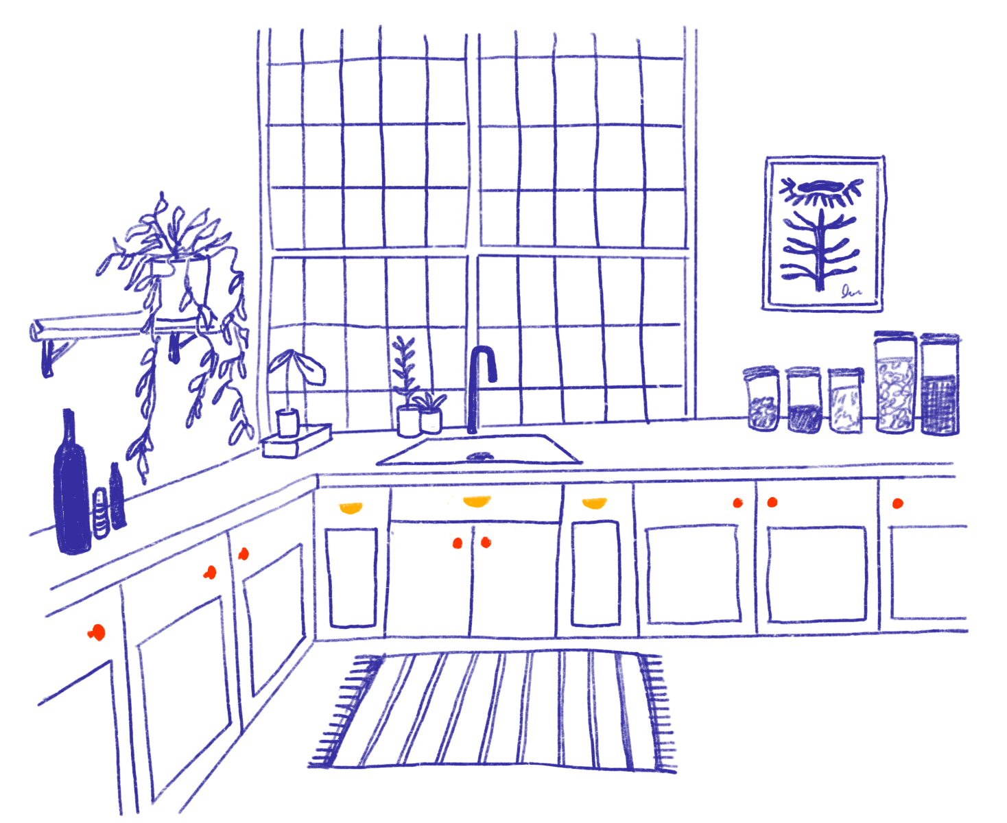 Illustration of a blue kitchen, window, rug, and sink with yellow and red Hapny cabinet pulls on the cabinet doors.