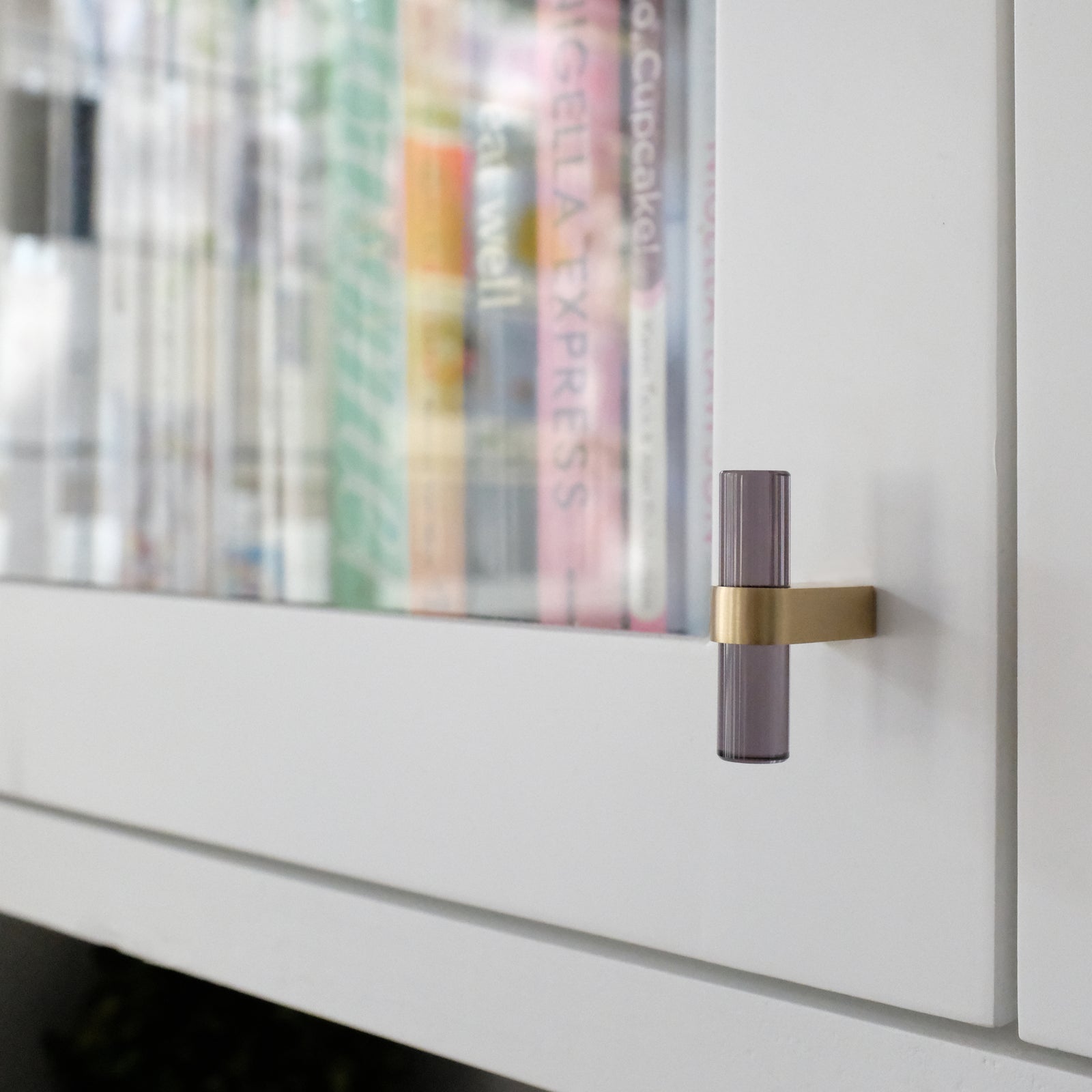 Arylic and Gold Cabinet Knob with Smoke Acrylic on White Kitchen Cabinet