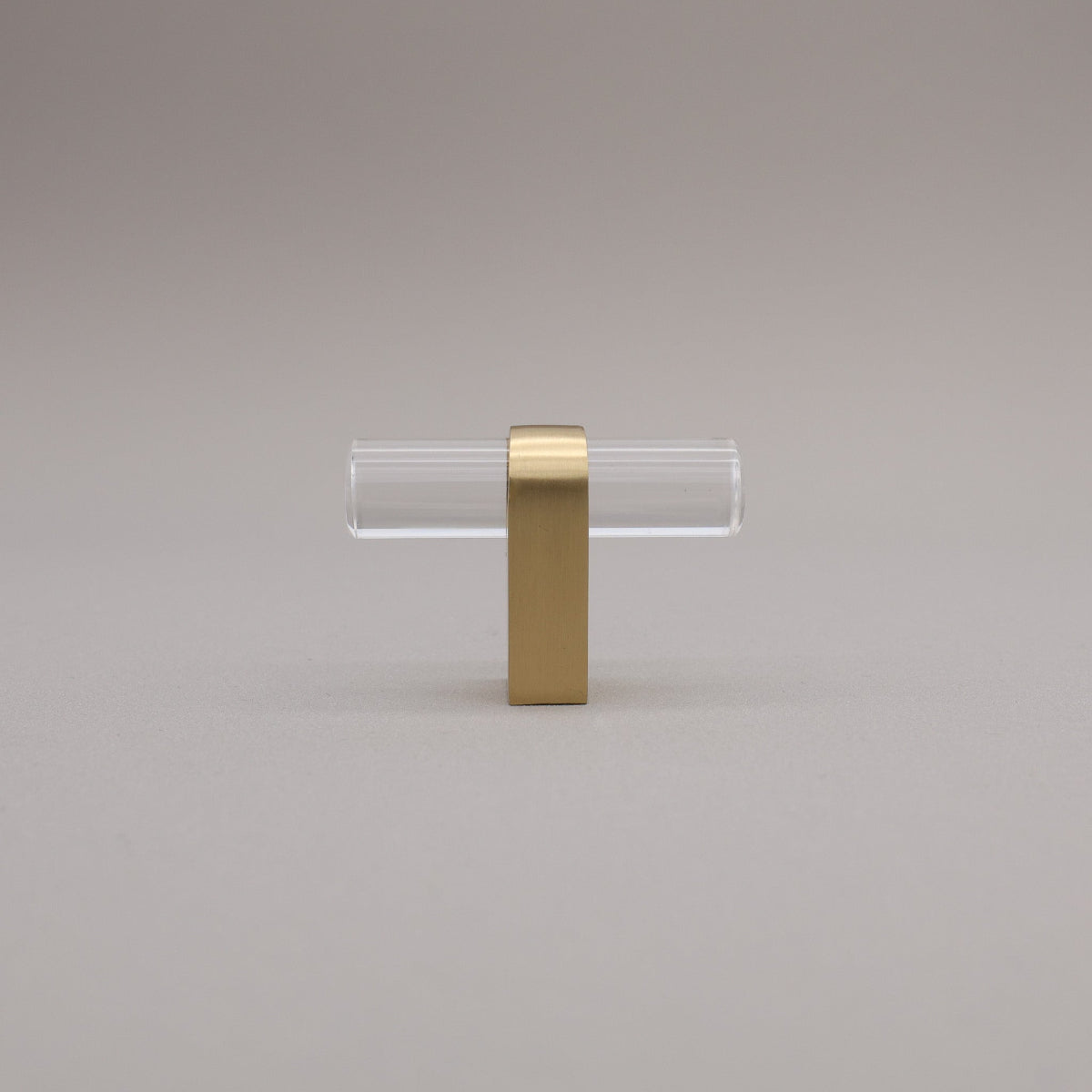Clear acrylic and satin brass stem knob on gray background