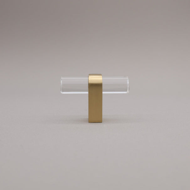 Clear acrylic and satin brass stem knob on gray background