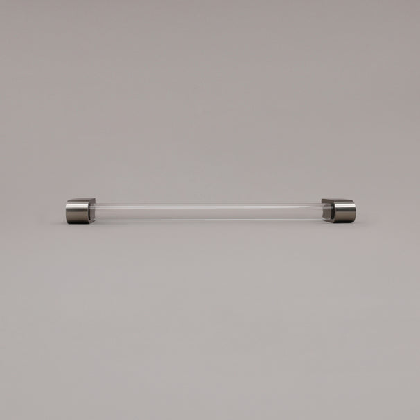 Clarity clear acrylic and satin nickel stems 12 inch appliance pull laying on gray background