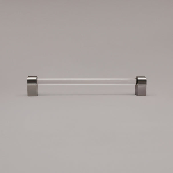 Clarity clear acrylic and satin nickel stems 12 inch appliance pull standing on gray background