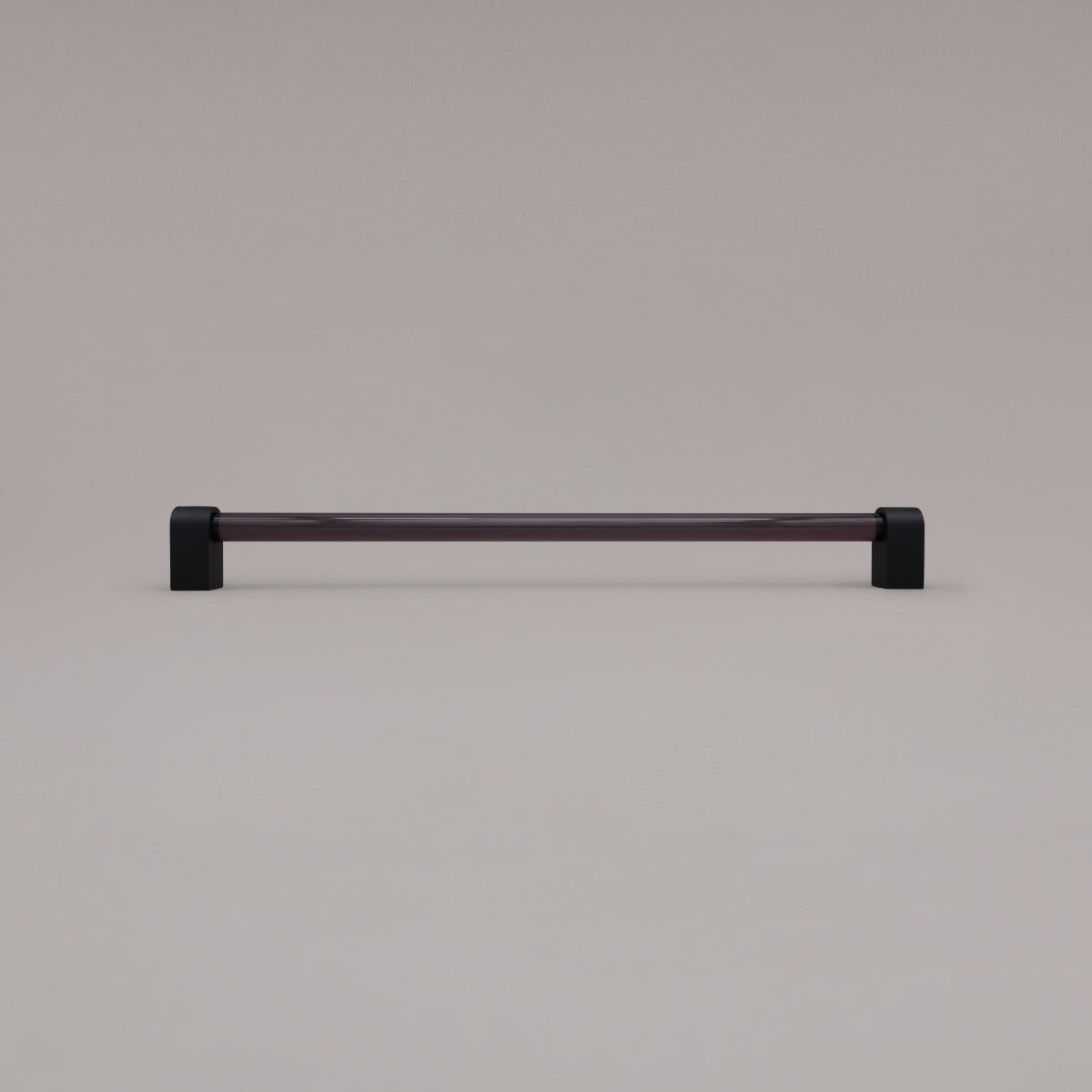 Clarity smoke acrylic and matte black stems 18 inch appliance pull standing on gray background