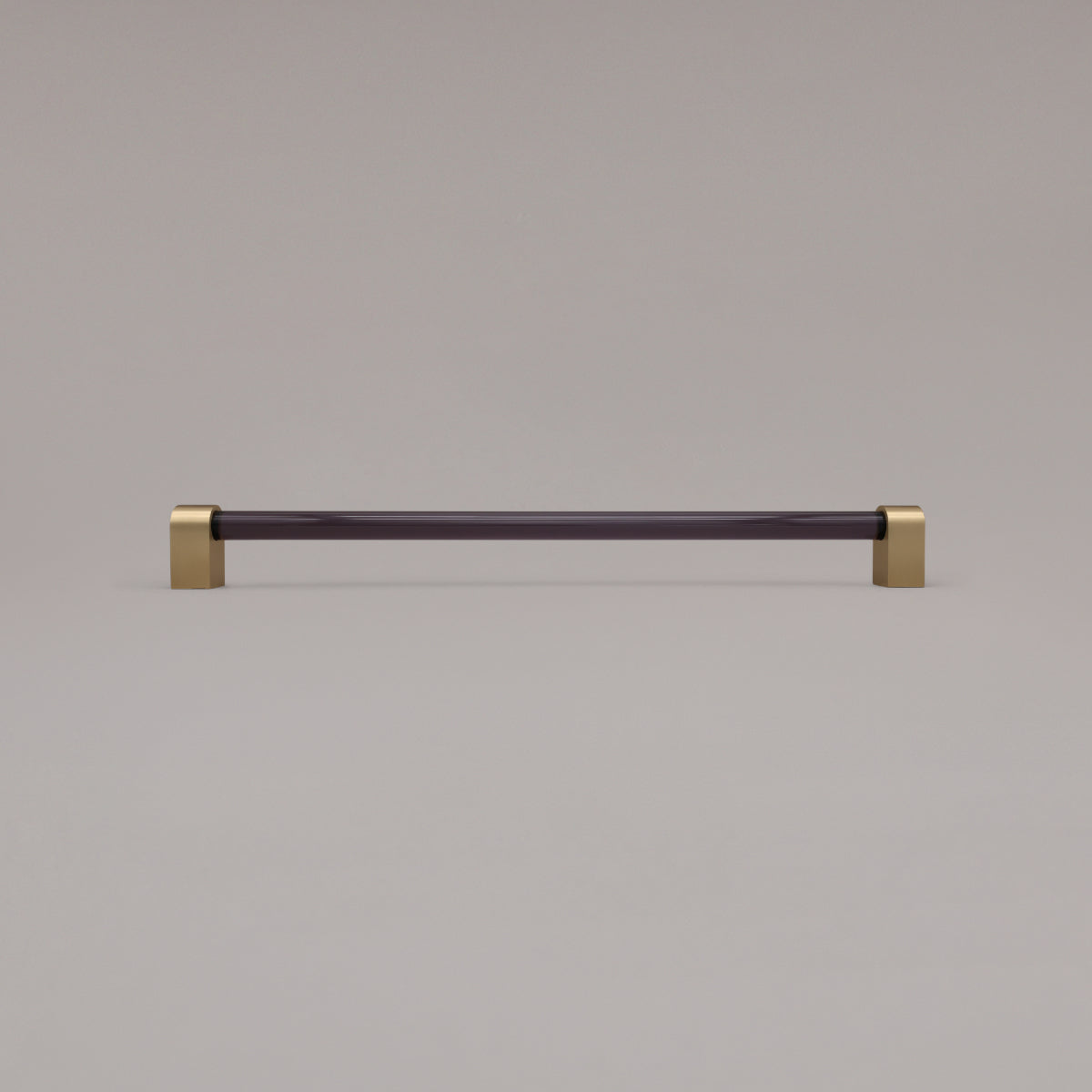 Clarity smoke acrylic and satin brass stems 18 inch appliance pull standing on gray background