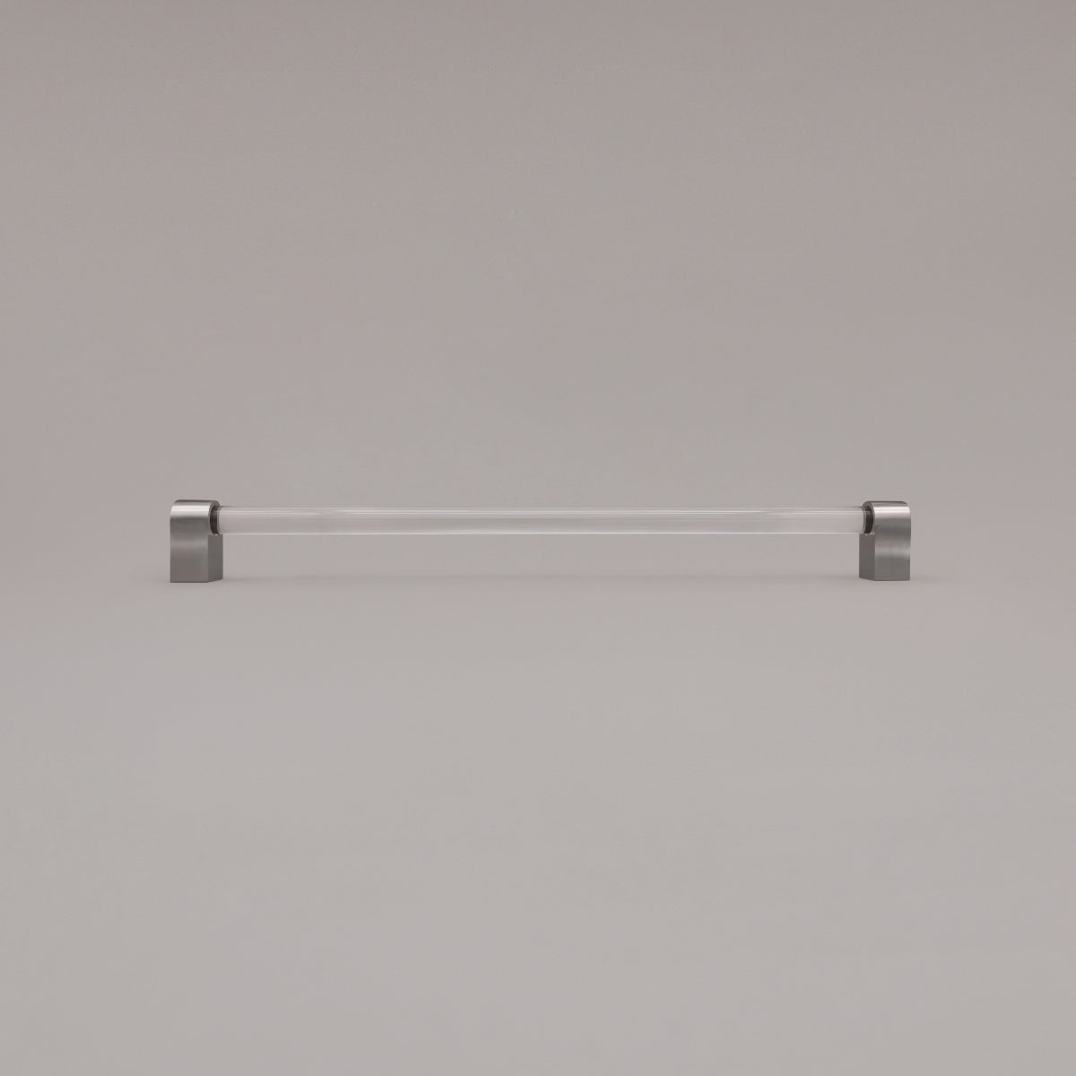 Clarity clear acrylic and satin nickel stems 18 inch appliance pull standing on gray background