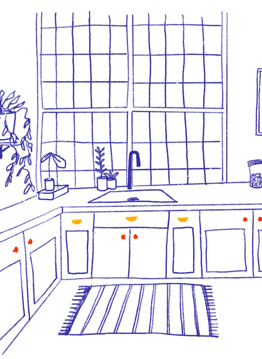 Illustration of a blue kitchen, window, rug, and sink with yellow and red Hapny cabinet pulls on the cabinet doors.