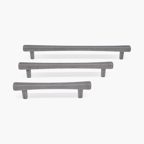 weathered nickel cabinet pulls in three sizes on white background