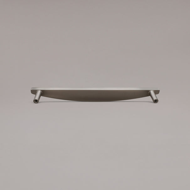 Rear view of 12" Half Moon appliance pull in Satin Nickel on gray background