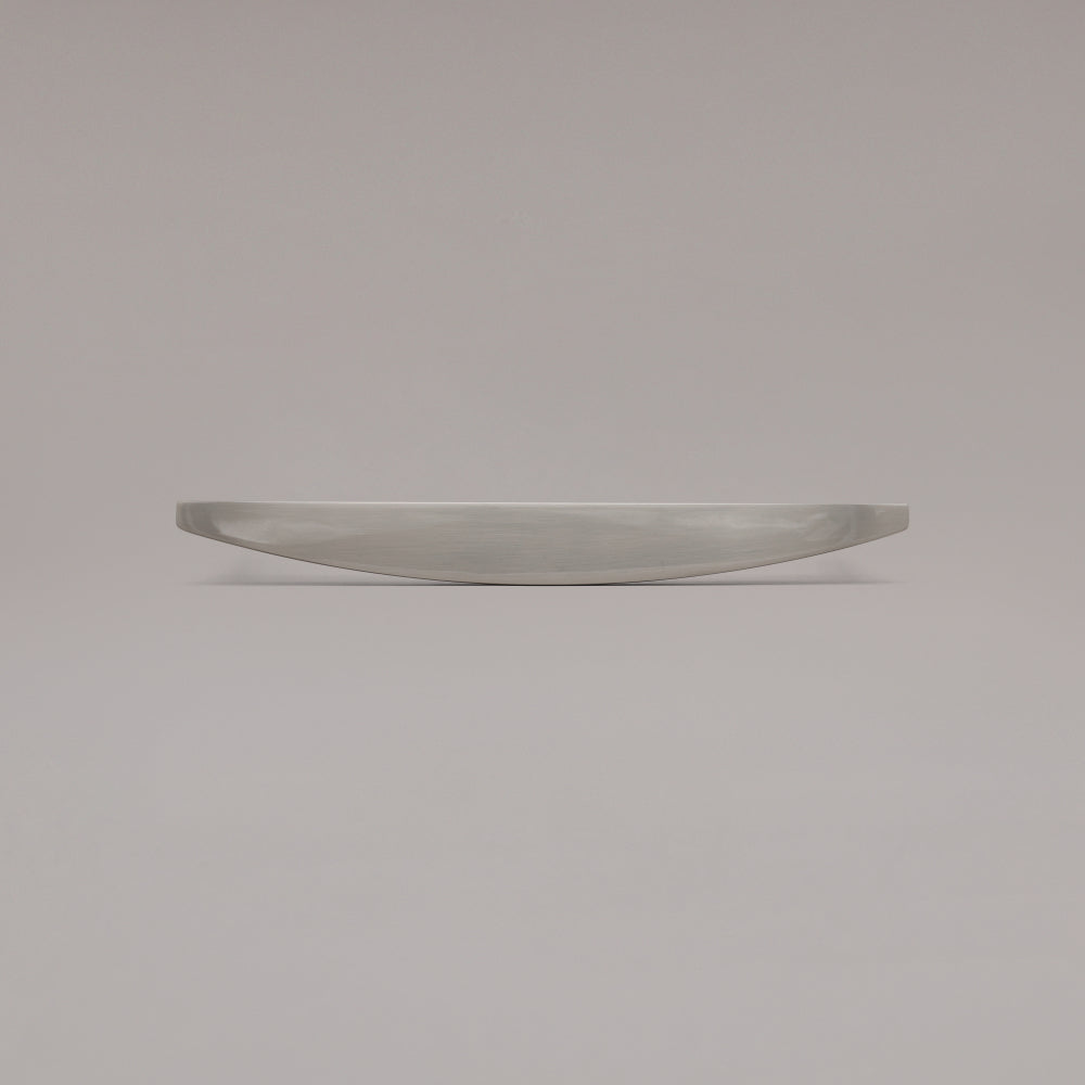 Front view of 12" Half Moon appliance pull in Satin Nickel on gray background