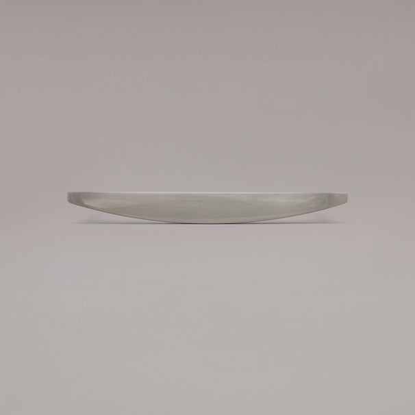 Front view of 12" Half Moon appliance pull in Satin Nickel on gray background