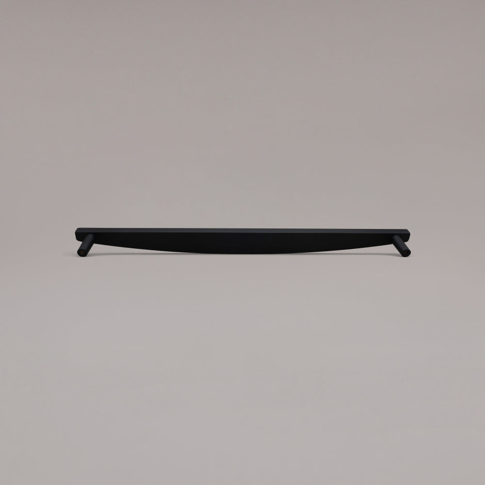 Rear view of 18" Half Moon appliance pull in Matte Black on gray background
