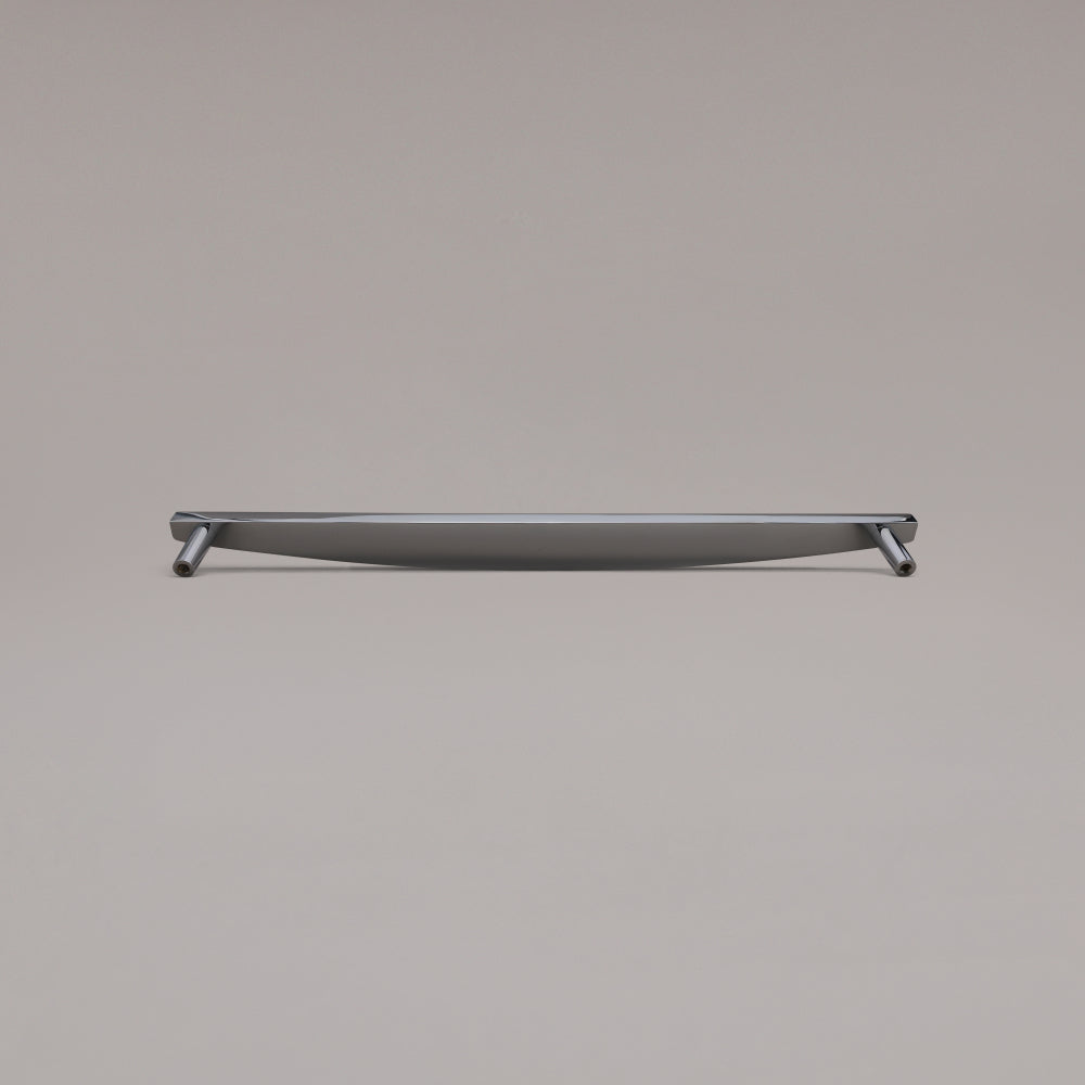 Rear view of 18" Half Moon appliance pull in Polished Chrome on gray background