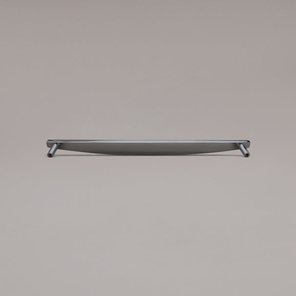 Rear view of 18" Half Moon appliance pull in Polished Chrome on gray background