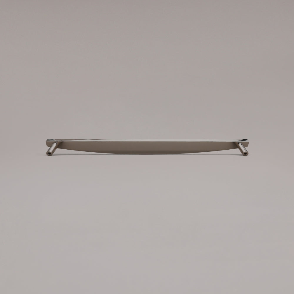 Rear view of 18" Half Moon appliance pull in Polished Nickel on gray background