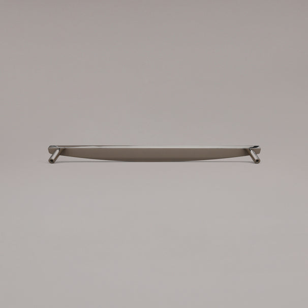 Rear view of 18" Half Moon appliance pull in Polished Nickel on gray background