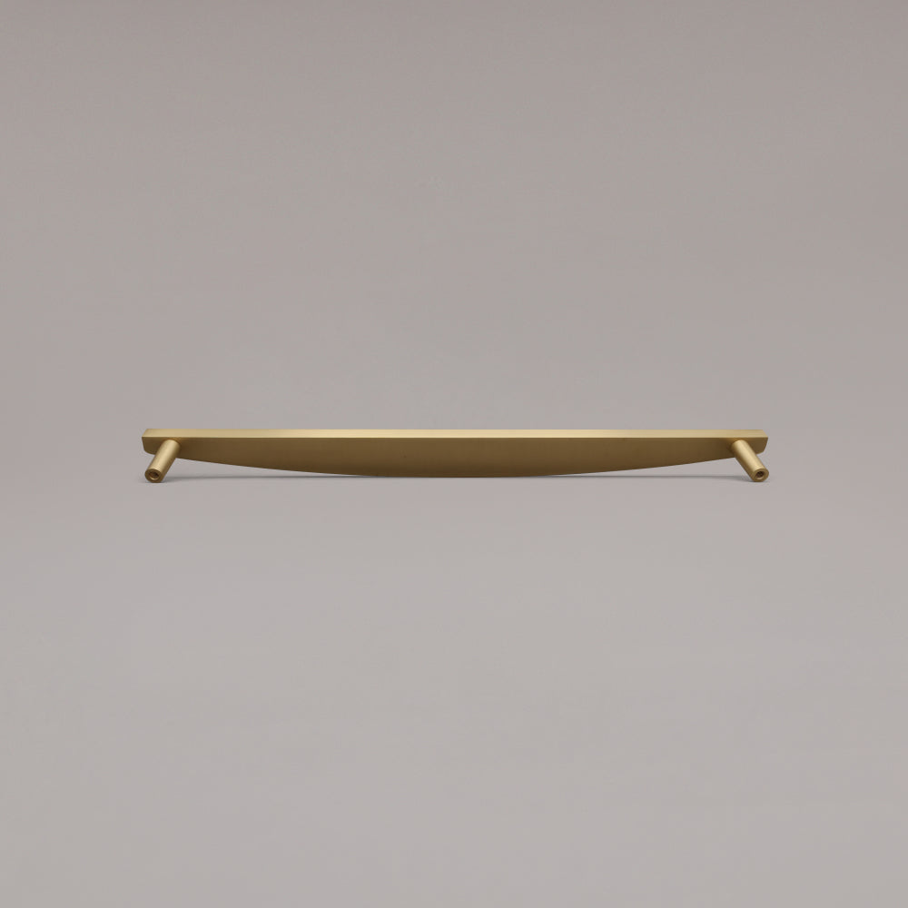Rear view of 18" Half Moon appliance pull in Satin Brass on gray background