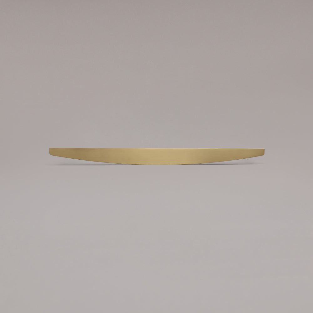 Front view of 18" Half Moon appliance pull in Satin Brass on gray background