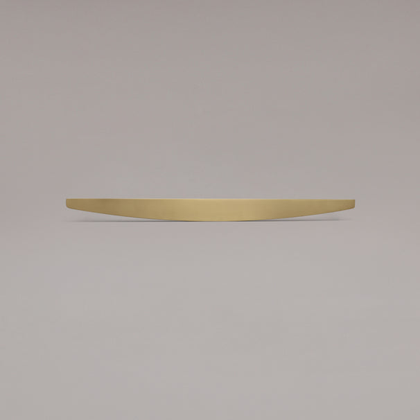 Front view of 18" Half Moon appliance pull in Satin Brass on gray background