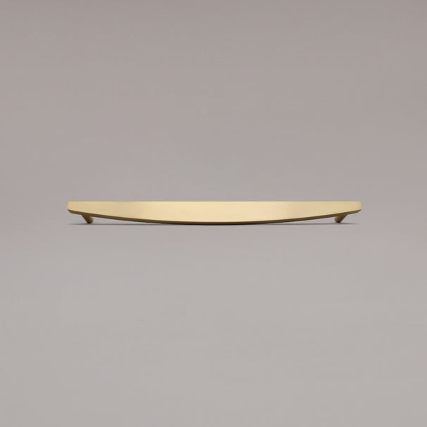 18" Half Moon appliance pull in Satin Brass on gray background