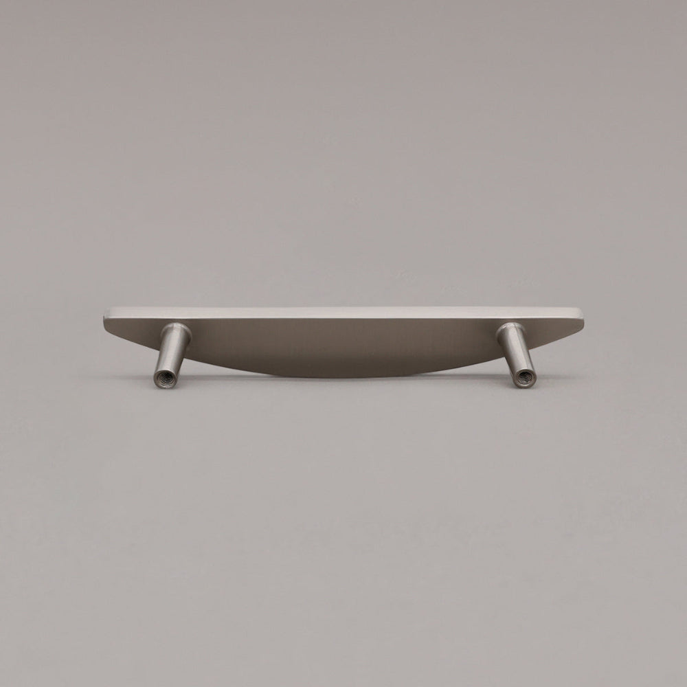 small satin nickel half moon pull rear view on gray background