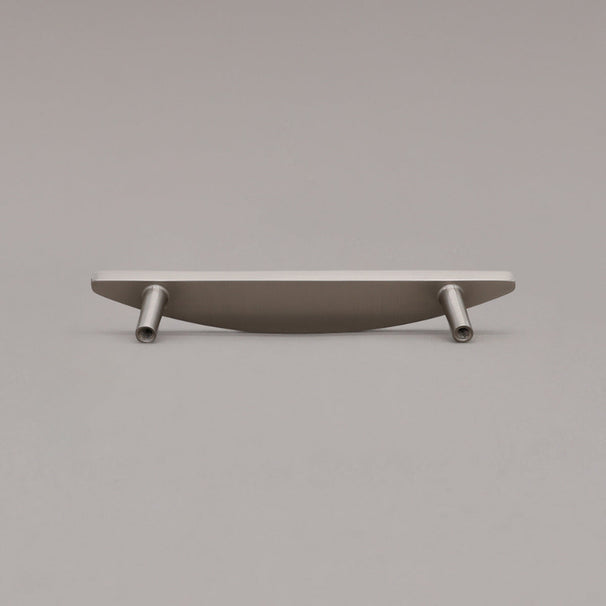 small satin nickel half moon pull rear view on gray background