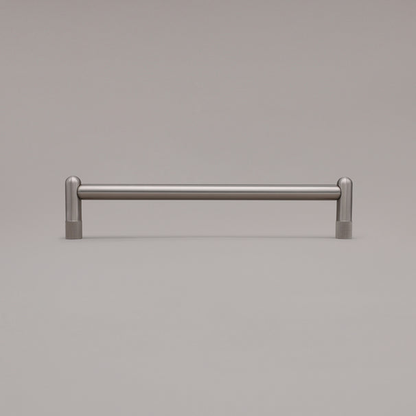 12" knurled appliance pull in satin nickel standing on gray background
