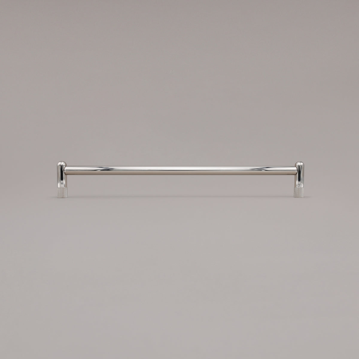18" knurled appliance pull in polished nickel standing on gray background
