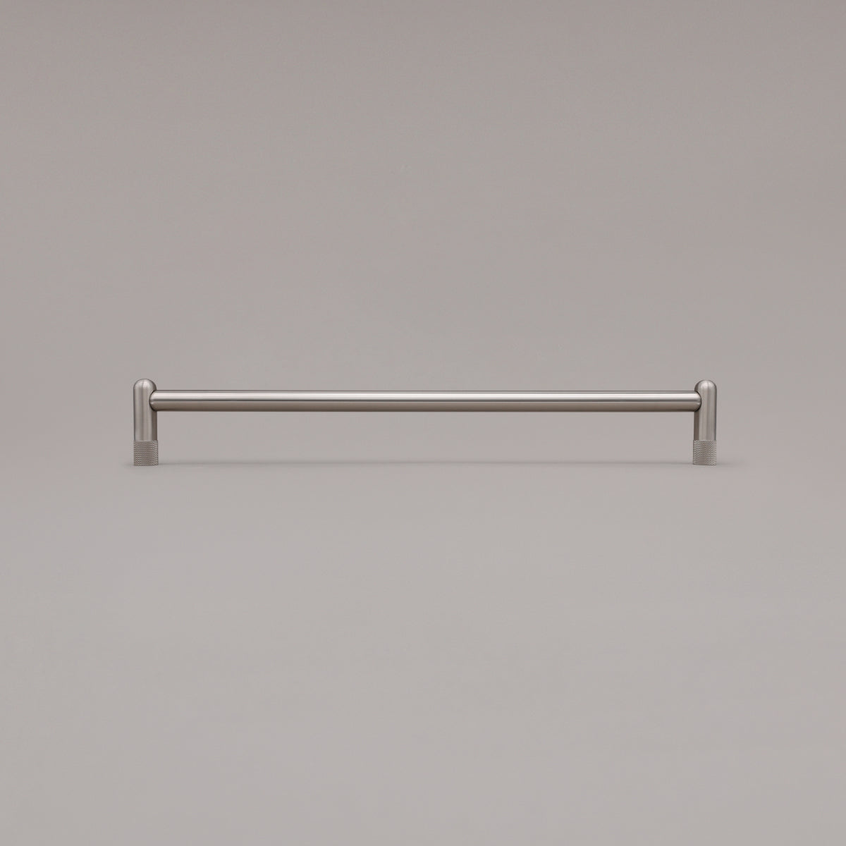 18" knurled appliance pull in satin nickel standing on gray background