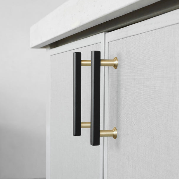 black and brass mod cabinet pulls installed on neutral cabinets