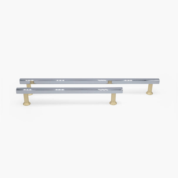 12" and 18" Mod appliance pulls in Polished Chrome and Satin Brass standing on white background