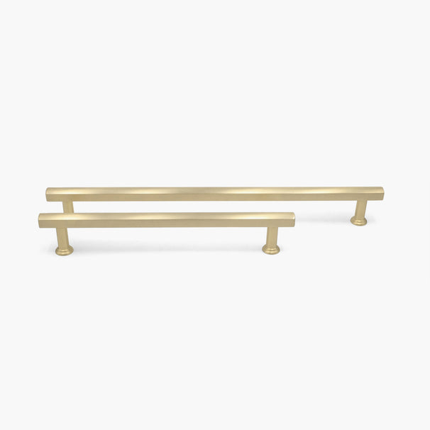 12" and 18" Mod appliance pulls in Satin Brass standing on white background