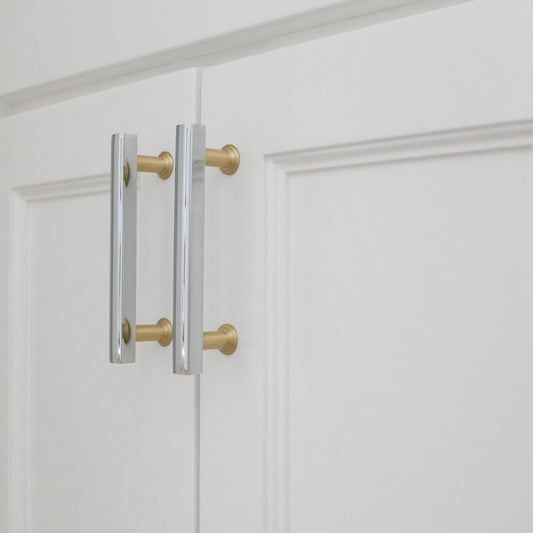 Cabinet Pull in three inch, five inch, and eight inch in polished nickel and satin brass finish.