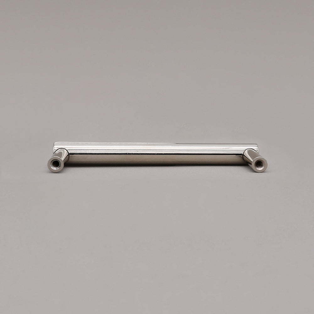 small polished nickel sunburst pull rear view on gray background