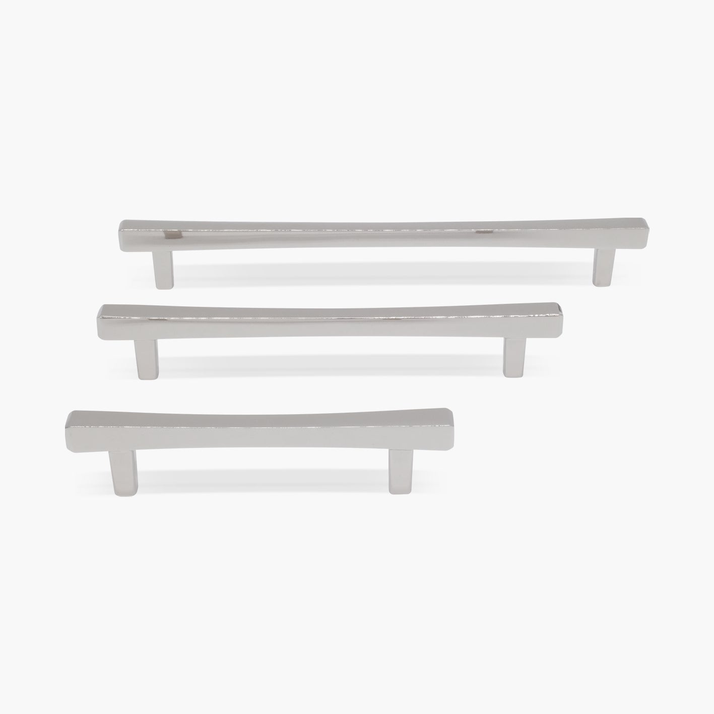 Three cabinet pulls in polished nickel finish in 3 inch and 5 inch and 8 inch lengths.