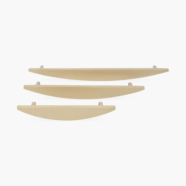 Satin brass gold Half Moon Cabinet pulls in three different sizes on white background 