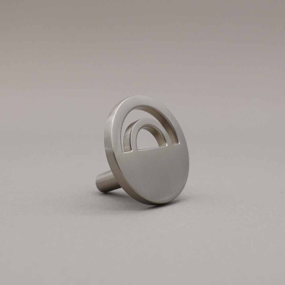 Horizon satin nickel silver knob on gray background